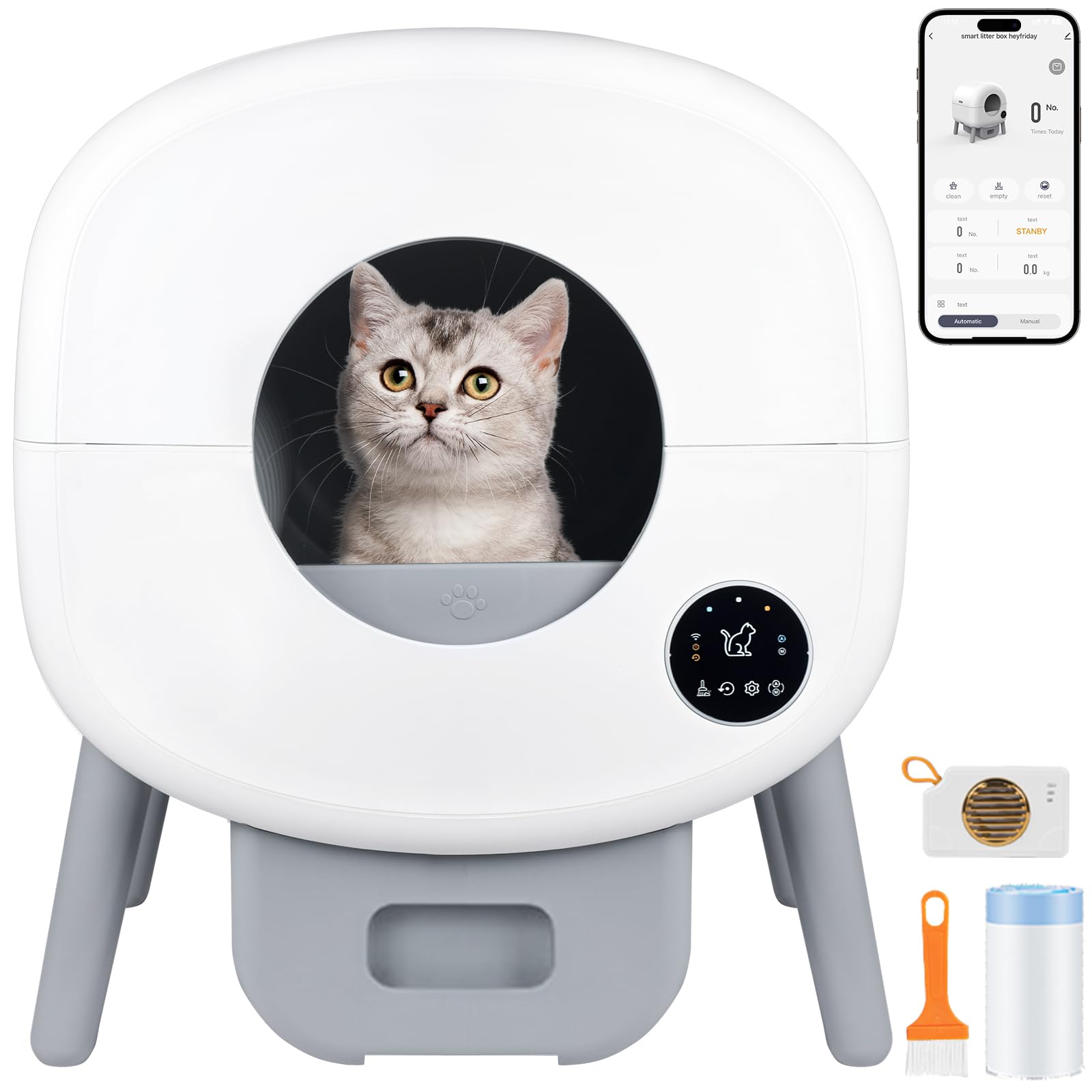 Heifriday Self Cleaning Litter Box Large Automatic Cat Litter Box Self Cleaning with APP and Simple Panel Control for Multiple Cats