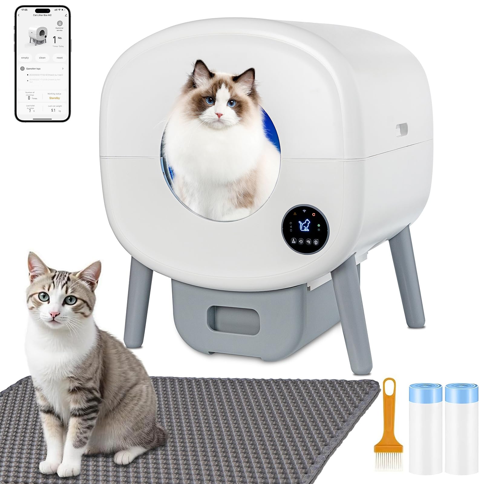 XQDKoon Self Cleaning Cat Litter Box 100L Automatic Kitty Litter Boxes for Multiple Cats Built in Ambient Light Double Odor Removal Safety Protection with App Control 2 Rolls Liners Bags and Mat