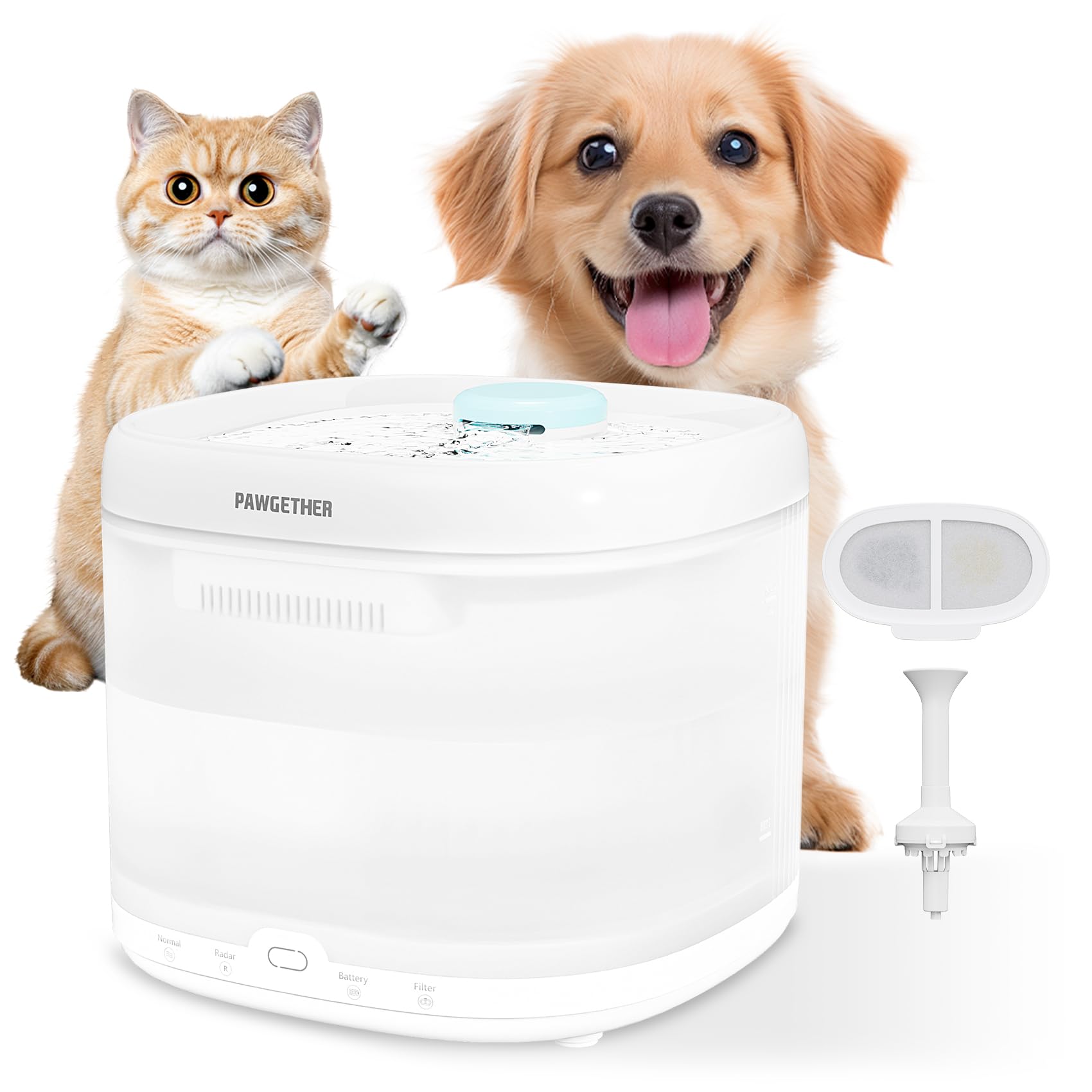PAWGETHERยฎ Cat Water Fountain with Radar Sensor and Wireless Pump Ultra Quiet 67oz/2L Automatic Pet Water Fountain for Dogs and Cats with Replacement Filter Dog Water Dispenser