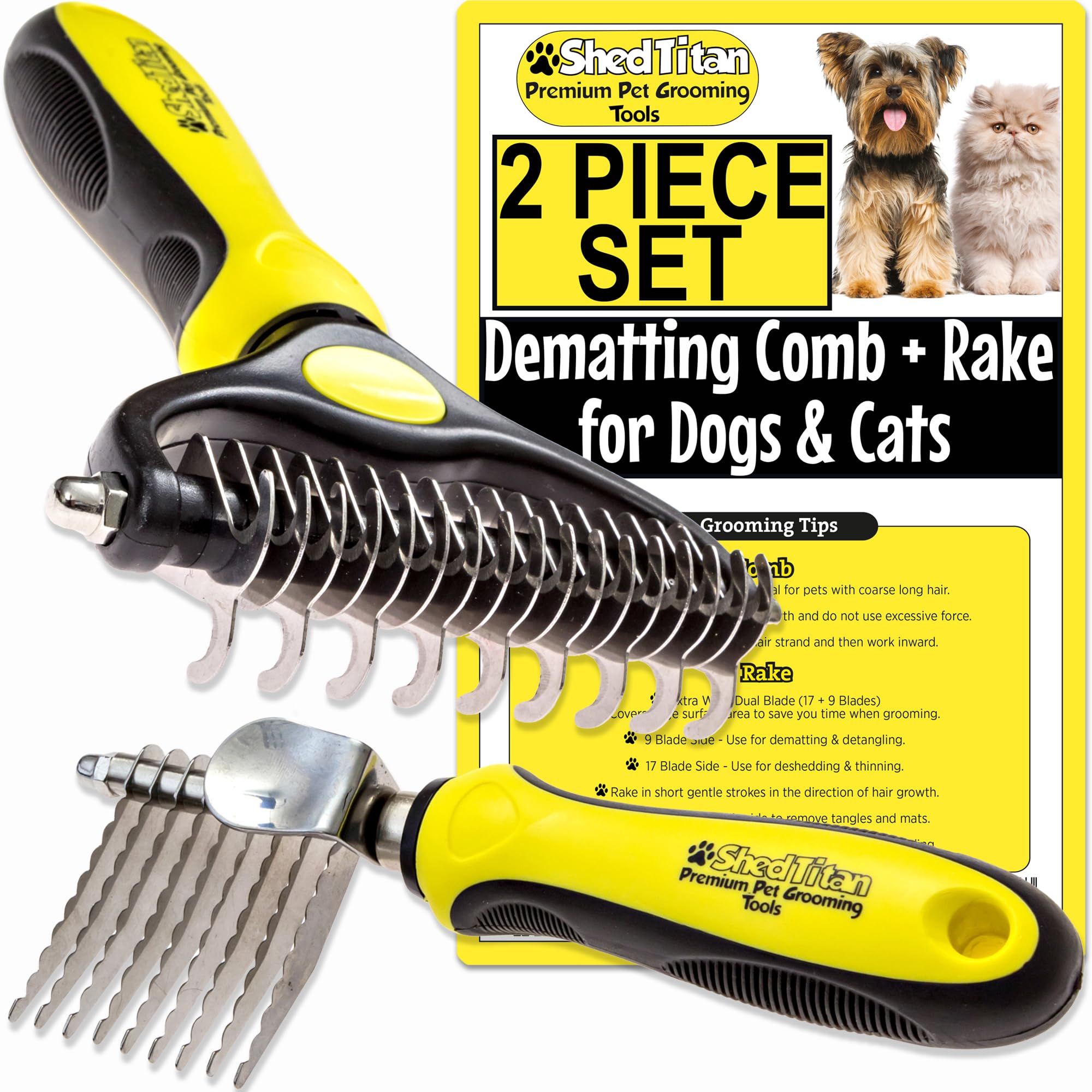 ShedTitan Dog Dematting Tools - 2 PC Set - Undercoat Rake & Dematting Comb for Dogs Doodles - Dog Detangler Brush - Matted Dog Hair Removal Mat Remover - Husky Pyrenees Persian Cats Retriever
